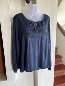 Blue Pleated Neckline Long Sleeve Top