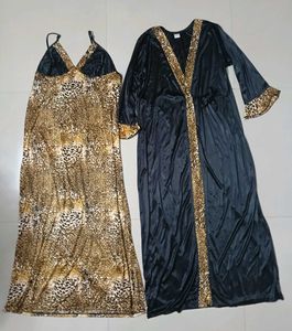 Pack of 2 Women Nighty with Robe (Gold, Black)