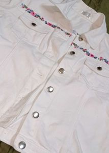 White Denim Jacket with Floral Trim