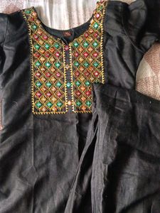 Black Kurta Set with Embellished Neckline