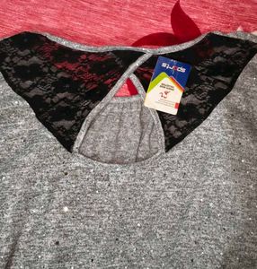 Gray Sparkle Lace Detail Top👀