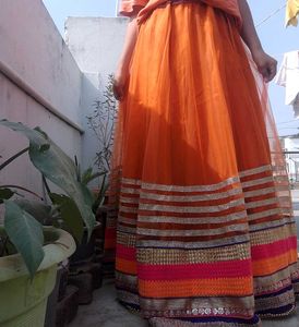 Vibrant Orange Tulle Skirt with Embellished Border