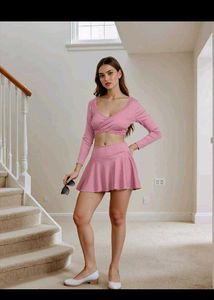 Chic Pink Long-Sleeve Crop Top & Skirt Set