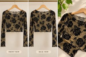 Sheer Black Rose Print Mesh Top