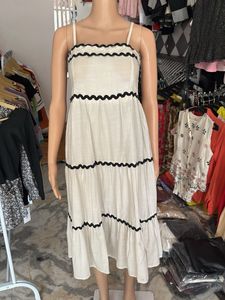 White Tiered Midi Dress with Black Trim