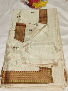 Elegant Embroidered Cream Saree with blouse