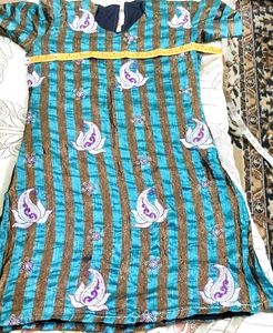 🇬🇧Teal and Gold Striped Kurti with Paisley Print
