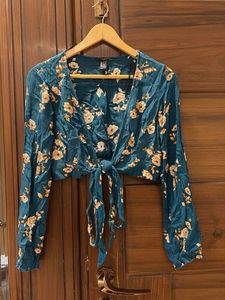 Teal Floral Tie Front Crop Top