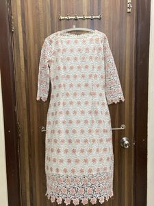 Chikankari White And Peach Kurti