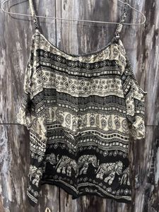 Boho Elephant Print Cold Shoulder Top