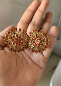 Exquisite Gold & Red Floral Earrings
