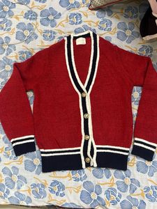 Red Cardigan with Navy Trim