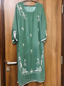 Green Kurta Set with White Pants &amp; Dupatta