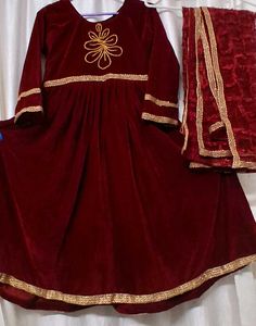 Maroon Velvet Kurta Set with Dupatta