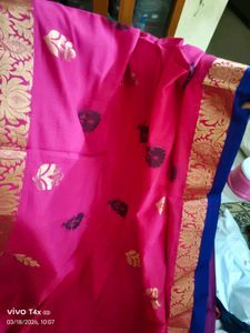 Beautiful Rani pink Saree with Blue Blouse