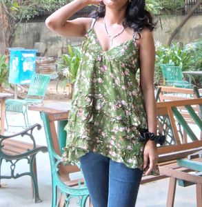 Green Floral Tiered Tunic Top