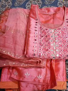 Silk Suit (kurti Pant Set With Cotton Dupatta)
