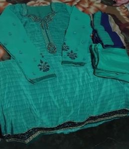 Teal Embroidered shiffon Kurta Set