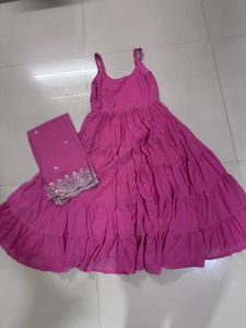 Vibrant Pink Tiered Kurta Set with Embellished Dup