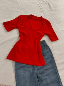 Red Ribbed Cutout Top