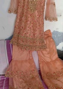 Peach Embroidered Kurta Set with Sharara