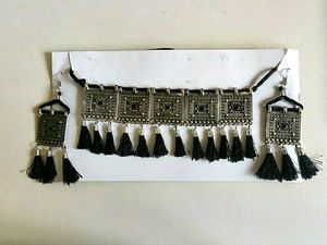 Oxidised Black Tassels Earrings Necklace Jewellery Set