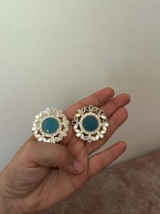 Stunning Teal Stud Earrings with Mirror Work
