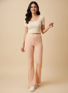 Peach Ribbed Flare Pants