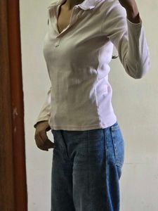 Soft Pink Collared Long Sleeve Top