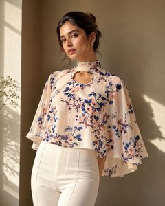 Chic Floral Print Cape Blouse