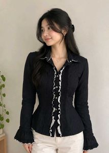 Elegant Black Ruffle Front Button-Up Shirt