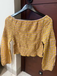 Chic Yellow Plaid Smocked Crop Top
