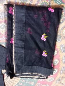 Elegant Black Saree with Pink Floral Embroidery