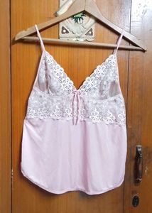 Lace Trimmed Pink Lingerie 2piece Set