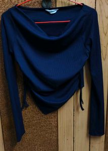 Navy Blue Cinched Waist Long Sleeve Top