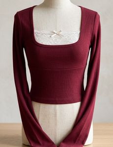 Burgundy Ribbed Lace Trim Long Sleeve Top