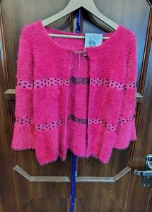 Fuzzy Pink Cardigan with Black Accents