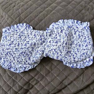 Blue Floral Smocked Bandeau Bikini Top