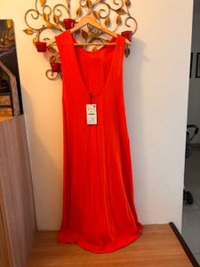 New One Zara Bright Orange Full Length A Line Dres