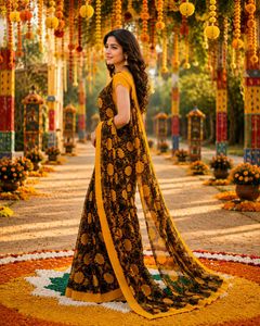 Elegant Black &amp; Yellow Floral Saree