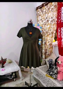 Chic Olive Green Ribbed Wrap Dress