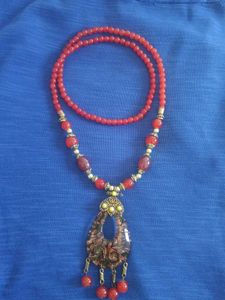 Unused Bohemian Red Beaded Pendant Necklace