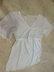 Sheer White Pom-Pom Swim Cover-Up