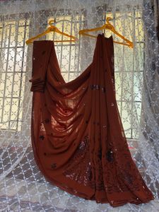 🤎✨🍂Rust Brown Poonam Georgette Sequin Saree | Pa