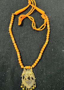 Orange Beaded Necklace with Elephant Pendant