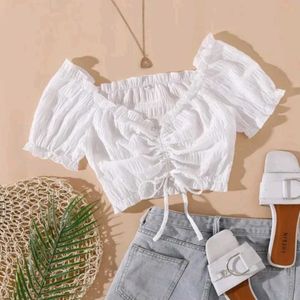 White Ruched Crop Top with Puff Sleeves