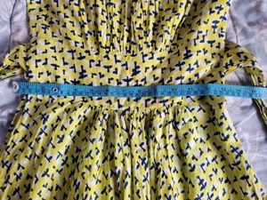 Yellow Print Dress with White Cardigan