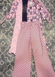 Pink & Navy Polka Dot Kurta Set with Jacket