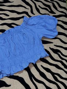 Blue Smocked Off-Shoulder Puff Sleeve Top