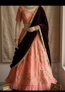 Elegant Peach Lehenga Choli with Velvet Dupatta